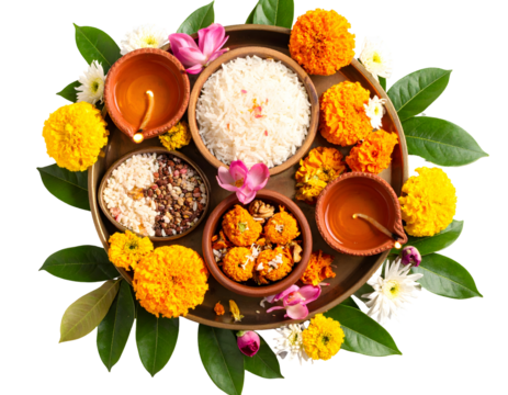 A beautiful traditional Indian puja thali adorned with sacred offerings, glowing diyas, and fresh blossoms.
