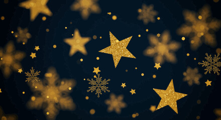 Elegant holiday background with gold glittering stars and snowflakes design