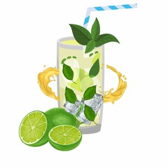 Refreshing homemade lemonade served in a transparent glass with fresh mint leaves on top, isolated on a clean white background. A perfect summer drink concept for healthy and natural lifestyle themes.
