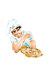 Pizza chef holding and presenting a pizza