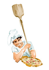 Pizza chef with pizza shovel presenting a pizza