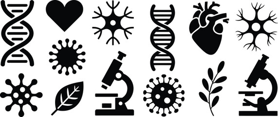 DNA silhouette, virus icon, bacteria outline, neuron shape, brain silhouette, heart organ vector, lungs icon, pathogen silhouette, cell structure vector, wellness pose icon, healthcare diagram, immune