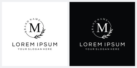 Initial letter M cosmetics fashion logo design, serif font graphic icon, leaves nature symbol concept