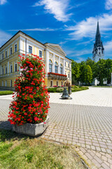 Spisska Nova Ves Provincial House and church tower rising above trees in Slovakia