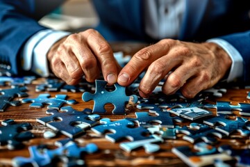 Close-up of hands placing a puzzle piece, teamwork and problem-solving concept, business strategy