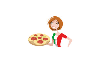 Young woman who is wearing a t-shirt in italian colors is presenting a delicious pizza pepperoni