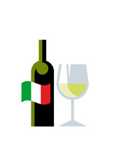 Bottle of white wine and glass of white wine with graphic of the Italian flag