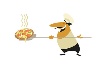 Happy pizza chef with a piping hot pizza on a pizza spatula