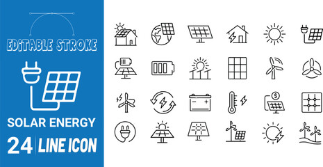 Solar Energy Icon Set: 24 Modern Line Art Icons for Renewable Energy, Sustainability, and Eco-Friendly Solutions