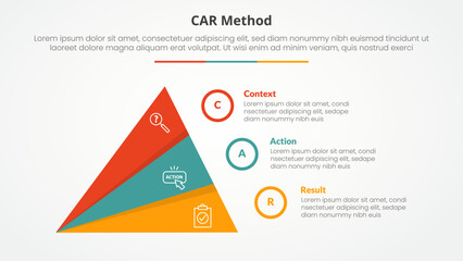 CAR interview model infographic concept for slide presentation with creative slice triangle pyramid with 3 point list with flat style