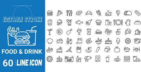 Food & Drink Icon Set: 60 Modern Line Art Icons for Culinary, Beverages, and Dining Elements