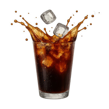 Iced coffee splash explosion creates dynamic visual with ice cubes flying through air, showcasing refreshing beverage rich color and texture. scene evokes sense of excitement and enjoyment