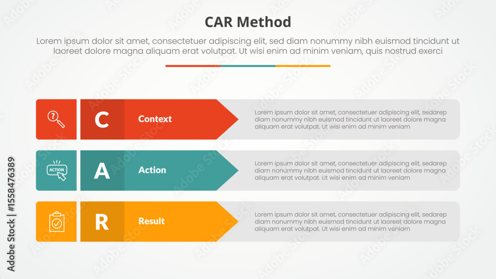 Aufkleber car interview model infographic concept for slide presentation with rectangle arrow stack with 3 poi