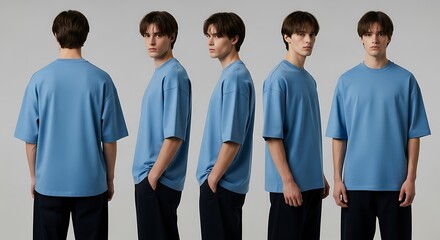 Obraz premium Stylish Men's Light Blue Oversized T-Shirts in Multiple Angles