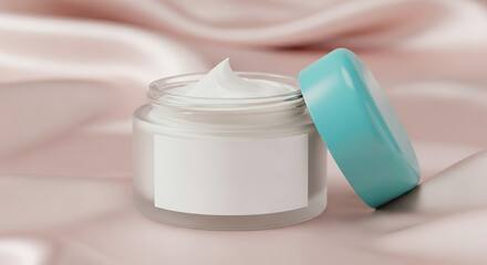 Luxury Cosmetic Cream Jar Mockup With Turquoise Lid On Pink Silk Fabric