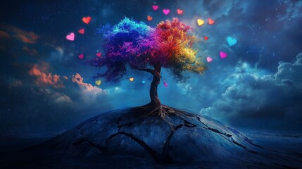 Symbolic multicolored illustration of a tree sprouting from a cracked globe, branches holding icons of depression and healing, representing mental health growth, recovery, and global emotional 