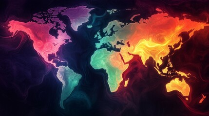Creative illustration of a global map shaped by emotional energy waves—anxiety, fear, sadness—flowing across continents in multicolor gradients, symbolizing global distribution of mental disorders