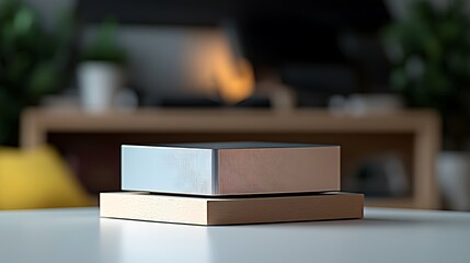 Modern minimalist workspace featuring stacked boxes on a table with blurred background elements