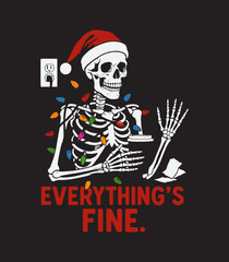 Funny Skeleton Christmas T-Shirt Design – Everything’s Fine Meme with Santa Hat and Lights