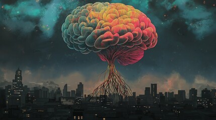 Illustrated concept of a glowing multicolored brain suspended above a dark city with emotional roots connecting individuals below, symbolizing the global burden and collective experience of depression