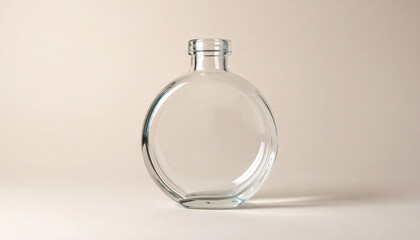 Clear empty glass bottle on neutral background. Minimalist design.