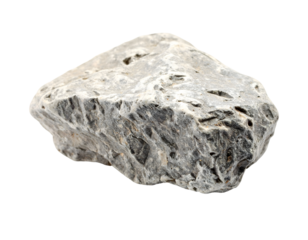 A sturdy, weathered grey rock displays its unique rough surface and intricate natural textures.