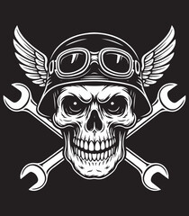 Winged Skull with Helmet and Crossed Wrenches T-Shirt Design – Vintage Biker Mechanic Vector Illustration