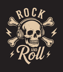 Vintage Skull Rock and Roll T-Shirt Design – Headphones, Crossbones, and Lightning Vector Illustration