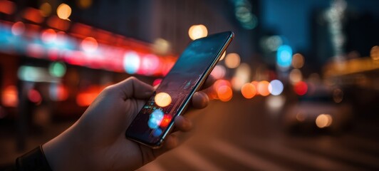 The smartphone in a hand against a vibrant urban night backdrop.