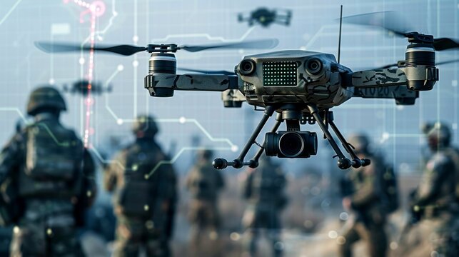 Military Drone Flying with Soldiers in the Background, Concept of Surveillance and Modern Warfare, Close-Up View