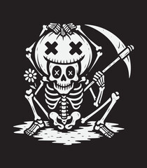 Pumpkin Head Skeleton T-Shirt Design – Funny Halloween Grim Reaper Illustration with Scythe and Flower