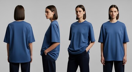 Obraz premium Woman in Blue Tee Poses: Front, Side, Back Views, Minimalist Fashion, Studio Shot.