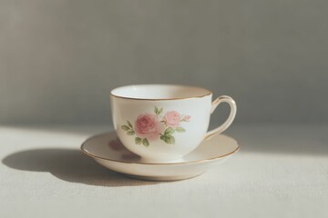 Fototapeta premium Pink Floral Teacup and Saucer Gold Trim, Close-up, Elegant Design, Tea Time, Porcelain, Vintage Teacup, Saucer. Beautiful simple AI generated image