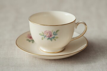 Fototapeta premium Pink Floral Teacup and Saucer Gold Trim, Close-up, Elegant Design, Tea Time, Porcelain, Vintage Teacup, Saucer. Beautiful simple AI generated image