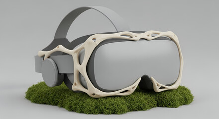 Virtual Reality Headset With Organic Bone Structure Design On Green Moss