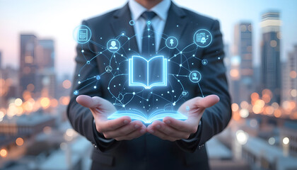 Smart Learning Technology Concept with Holographic Book and Digital Network

