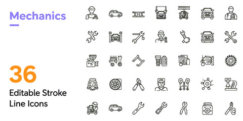Mechanics Editable Stroke Line Icons &ndash; 36 Vector Icon Set