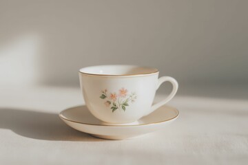 Fototapeta premium Cream-colored teacup and saucer with delicate floral design and gold trim. Beautiful simple AI generated image