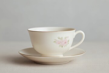 Fototapeta premium Cream-colored teacup and saucer with delicate floral design and gold trim. Beautiful simple AI generated image