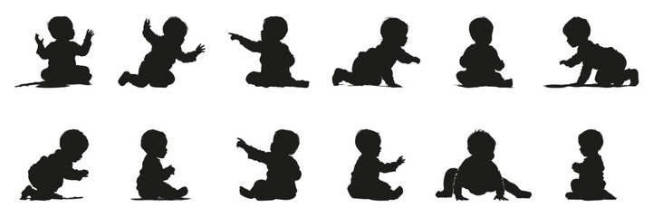 Baby Silhouettes In Various Poses Set. Infant Development And Early Childhood Activity Collection. Parenting And Educational Use. Isolated Vector Illustration