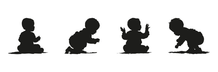 Baby Poses In Silhouette Set. Infant Development And Early Childhood Activity Symbol Collection. Parenting And Educational Use. Isolated Vector Illustration