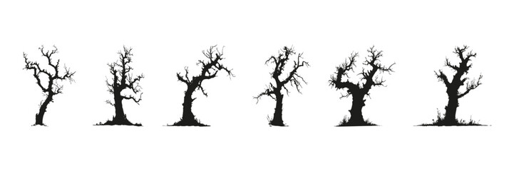 Fototapeta premium Bare Tree Silhouettes In Icon Set. Seasonal Change And Natural Environment Symbol Collection. Botanical And Design Use. Isolated Vector Illustration