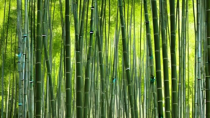 Fototapeta premium A serene pattern of green bamboo stalks in a Japanese forest evokes tranquil nature