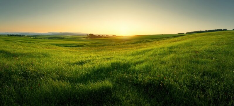 The vibrant green fields illuminated by a breathtaking sunrise over rolling hills