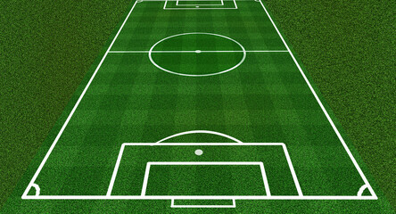 full size green soccer or football field green pitch goal side white center circle for kick off in stadium side view background or banner