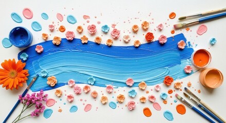 Artistic arrangement of paint, brushes, and floral decorations on a canvas