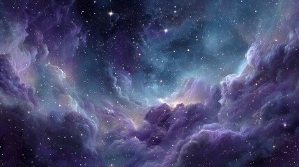 Fototapeta premium Bright space scene with colorful nebula clouds, scattered stars, and rich blue and purple tones. Perfect for sci-fi, fantasy, and cosmic design projects.