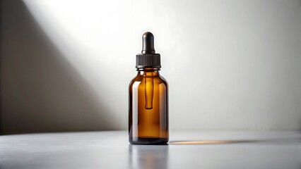 Amber glass dropper bottle with dark cap and pipette on a reflective surface with dramatic lighting