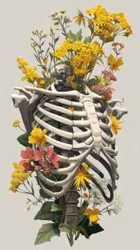 Esqueleto con flores surrealista, Costillas humanas con flores art&iacute;sticas, Naturaleza y huesos arte conceptual, Ilustraci&oacute;n de esqueleto con flores coloridas, Naturaleza muerta, bodeg&oacute;n