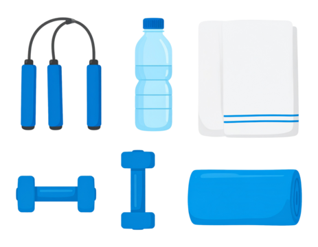 Isometric view of sport equipment like water bottle and dumbbell